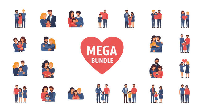 Flat vector illustration bundle of diverse families including heterosexual couples, same-sex parents, and single parents with children hugging and standing on white background.