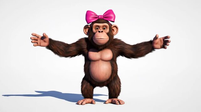 Playful 3D Chimpanzee Character smiling female monkey wearing a large pink bow on a white background ideal for children's educational content and fun social media animations.
