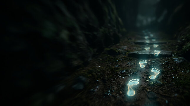 Glowing footprints on a dark forest path leading into the unknown