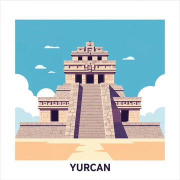 Flat vector illustration of the ancient Mayan archaeological site of Becan in Mexico, featuring a tiered stone pyramid with central staircase under a blue sky with clouds.