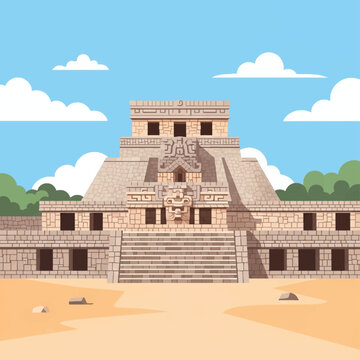 Vector illustration of ancient Mayan ruins at Uxmal, Yucatan, Mexico, featuring a stone temple pyramid with Puuc architecture, staircase, and a clear blue sky with white clouds.