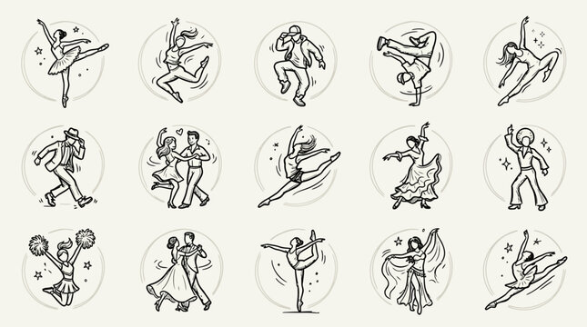 Set of hand drawn dance styles icons and characters.