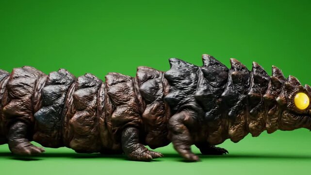 Fantasy Armored Monster Creature with glowing yellow eyes and rocky textured skin walking against a green screen background ideal for VFX compositing and perfect for sci-fi film production.