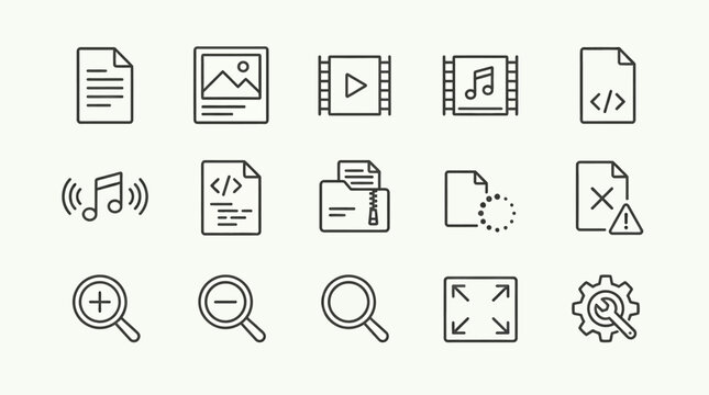 Set of hand drawn line art file and computer interface icons.