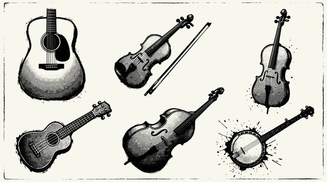 Set of hand drawn musical instruments including guitar violin cello and banjo.