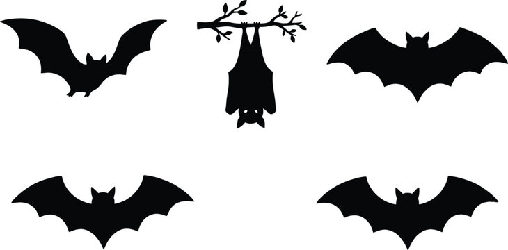 Silhouette collection of flying and hanging bats isolated on white background for Halloween and wildlife design concepts