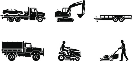 Silhouette Illustration of Construction, Transport, and Landscaping Vehicles Including Tow Truck, Excavator, and Lawn Mowers © MstMunmun