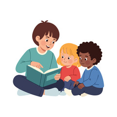 A teenage boy reads an interesting story from a book to two young children sitting on the floor in a colorful vector illustration.