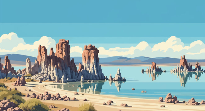 Flat vector landscape illustration of Mono Lake California featuring limestone tufa towers, saline water with reflections, distant mountains, and clouds under a blue sky.
