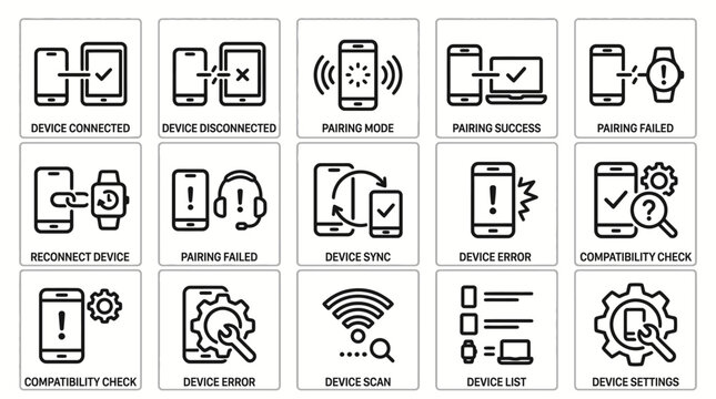 Set of mobile device connectivity and technology line icons.