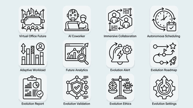 Set of modern digital business and technology icons for office management.