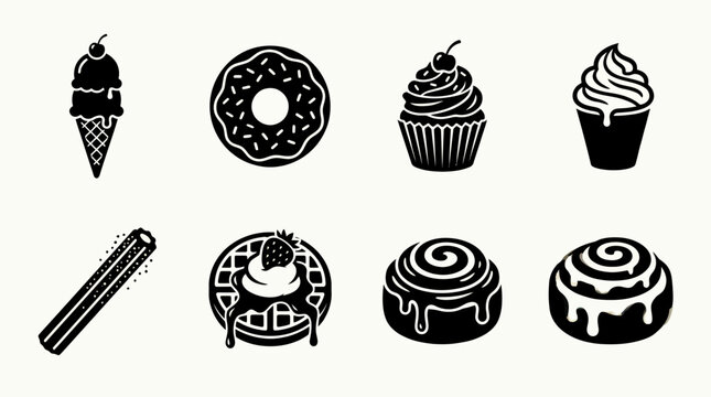 Set of monochrome dessert icons featuring various sweet treats.