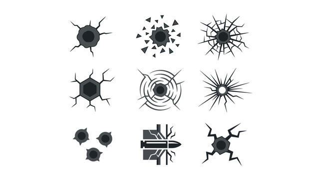 Set of Nine Detailed Bullet Hole and Crack Vector Icons.