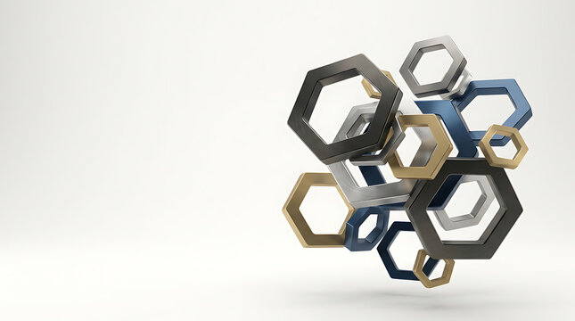 Abstract 3d metallic hexagonal frames floating in a white space