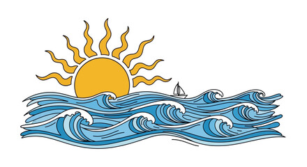 Stylized Sun and Waves Illustration with Sailboat © Sandal