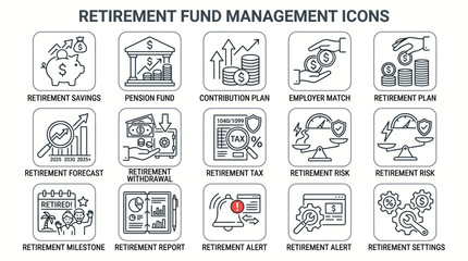 Fototapeta premium Set of Retirement Fund Management Icons for Financial Planning.