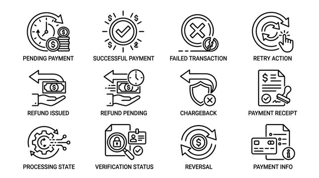 Set of payment and transaction status icons.