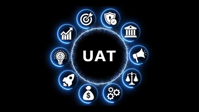 User acceptance testing concept with digital futuristic icons.
