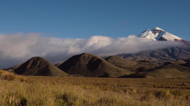 Pan to the right revealing the snow-capped Cotopaxi volcano in the Andean highlands at sunset.
