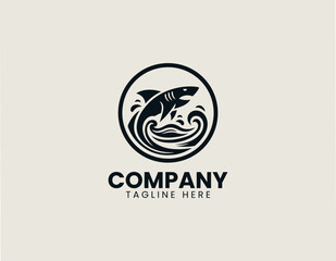 Fototapeta premium Shark fin emerging from ocean waves in black vector logo illustration style