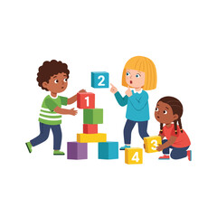 Obraz premium Three diverse children are playing and learning together with a set of colorful numbered building blocks on a clean, simple white background.
