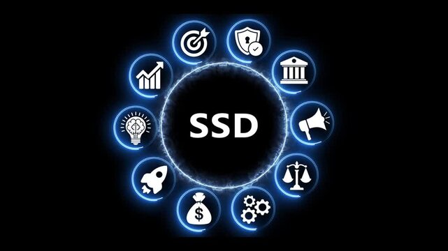 Solid state drive glowing interface concept with digital icons set.