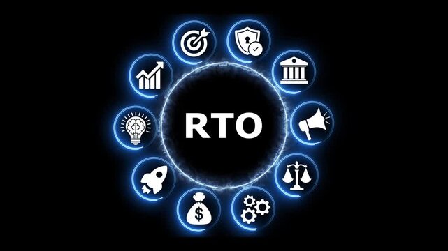 Return to office digital interface with rotating business icons.