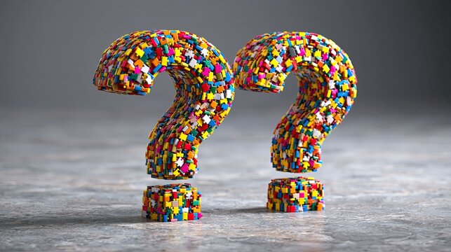 Two Large Question Mark Symbols Made of Colorful LEGO Blocks on Concrete Surface