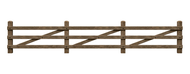 Caption: Vintage wooden ranch fence isolated on white background, rustic countryside barrier with weathered timber texture and traditional farm style design. © MJ iceberg