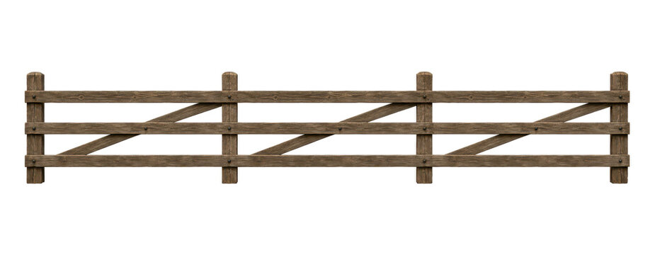 Caption:
Vintage wooden ranch fence isolated on white background, rustic countryside barrier with weathered timber texture and traditional farm style design.