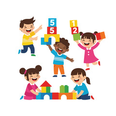 Obraz premium A group of diverse and joyful children are having fun playing together with vibrant building blocks and number cubes against a white background.