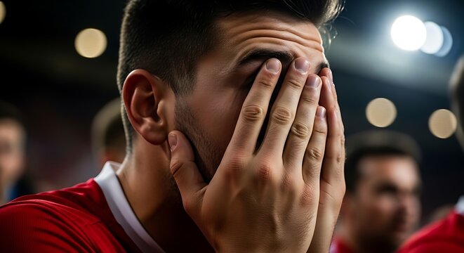Close-up of Young Man Covering Face with Hands in Disappointment. Disappointed man watching a live match, expressing tension, frustration, and emotional reaction during a sporting event.