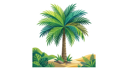 Obraz premium Watercolor painting of a vibrant palm tree on a sandy tropical island beach.