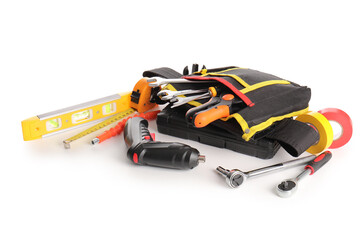 Naklejka premium Tool belt with set of construction tools isolated on white background