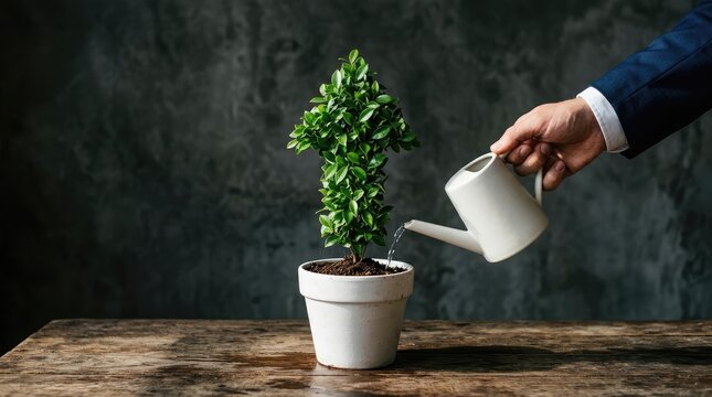 Professional hand in a navy blue suit sleeve uses a white watering can to nurture a green arrow shaped plant