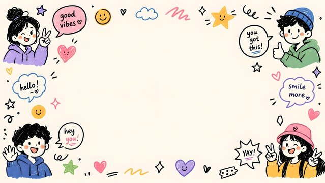 Illustration Cute Doodle Friends with Good Vibes and You Got This Typography for Playful Social Media Banner, Greeting Card Layout, and Creative Cream Background