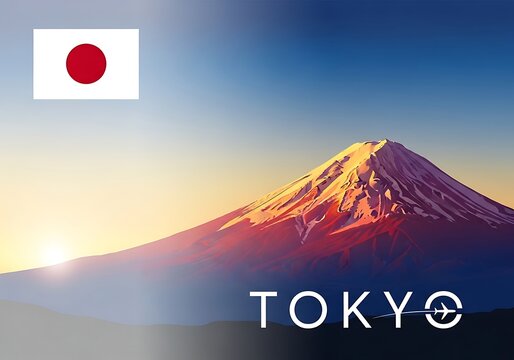 Mountain Fuji rises majestically during sunrise with the national flag of Japan displayed prominently.
