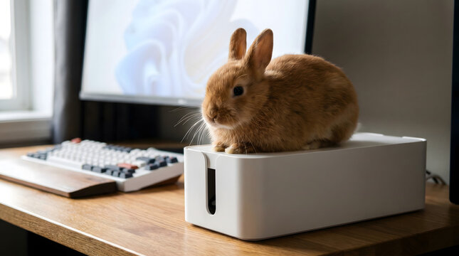 Cute brown bunny sitting on a white cable management box on a wooden office desk with a computer and keyboard in the background