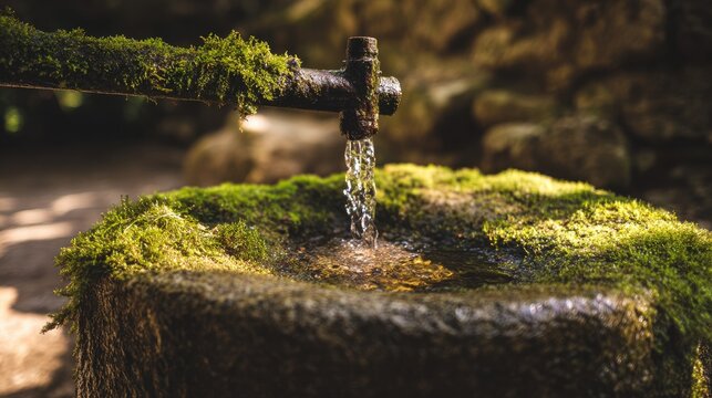 wellhead. Close-up of an ancient mossy stone wellhead with water flowing into a basin. real-estate listings.