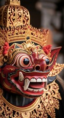 Fototapeta premium Intricately carved mask with golden crown and red face against bokeh