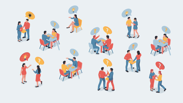 Isometric characters exchange ideas and questions using floating lightbulb and question mark icons in a bright office environment.