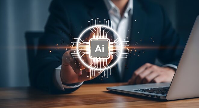 Ai powered technology concept man interacting with artificial intelligence interface