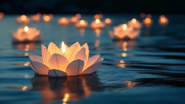 Floating lotus flower lanterns with glowing candles, reflecting on water. Others fade in the background