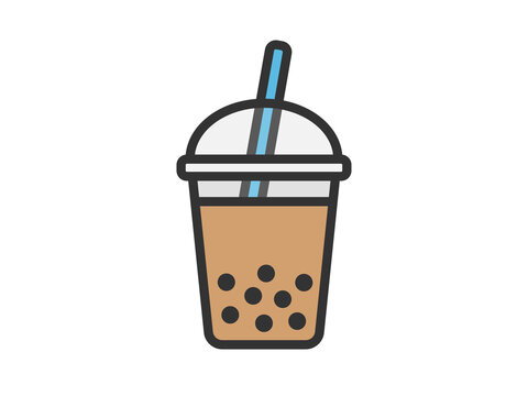 カップののタピオカミルクティーのアイコン（線画カラー）のイラスト