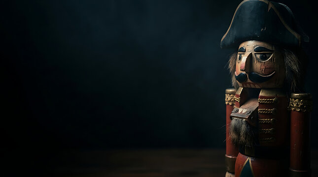 Vintage wooden nutcracker soldier against a dark background