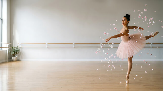 Graceful ballerina dancing with pink flower petals in a studio