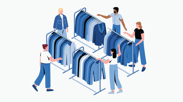 People browsing through organized clothing racks filled with blue and monochrome shirts and jackets in an isometric retail store setting.
