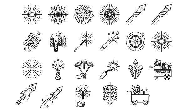 Fireworks collection linear icons for celebrations and festive events