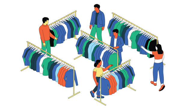 Customers interacting with clothing racks containing a multi-colored assortment of shirts and jackets in an isometric retail environment.