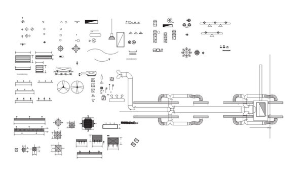 HVAC Air Conditioning System Blueprint with Front Side and Top Views, Air Grille Components and Electrical Engineering Symbols for Technical Drawings